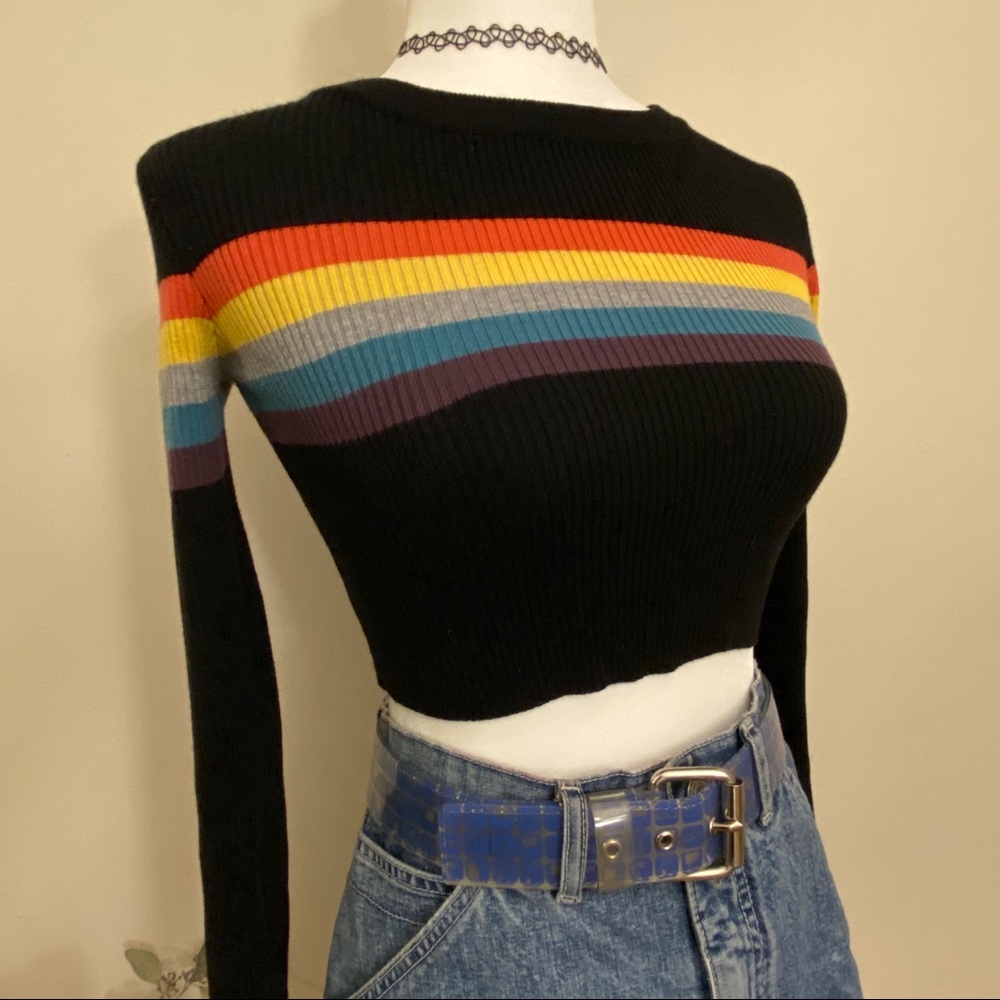 Black Long Sleeve Crop Top with Rainbow Stripe
